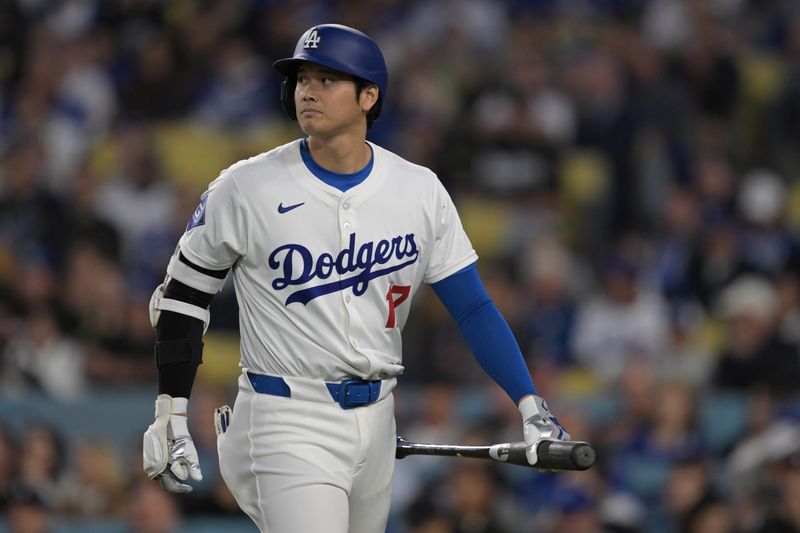 Apr 2, 2024; Los Angeles, California, USA;  Los Angeles Dodgers designated hitter Shohei Ohtani (17) at bat in the first inning against the San Francisco Giants at Dodger Stadium. Mandatory Credit: Jayne Kamin-Oncea-USA TODAY Sports