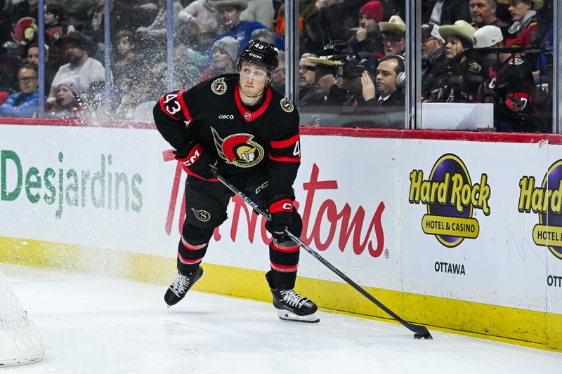 Dec 4, 2025; Ottawa, Ontario, CAN; Ottawa Senators defenseman Tyler Kleven (43) plays the puck during the second period at Canadian Tire Centre. Mandatory Credit: David Kirouac-Imagn Images
