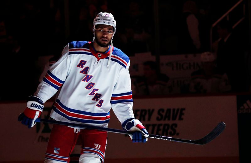 Nov 22, 2023; Pittsburgh, Pennsylvania, USA; New York Rangers defenseman K'Andre Miller (79) takes the ice to play the Pittsburgh Penguins at PPG Paints Arena. The Rangers won 1-0. Mandatory Credit: Charles LeClaire-USA TODAY Sports