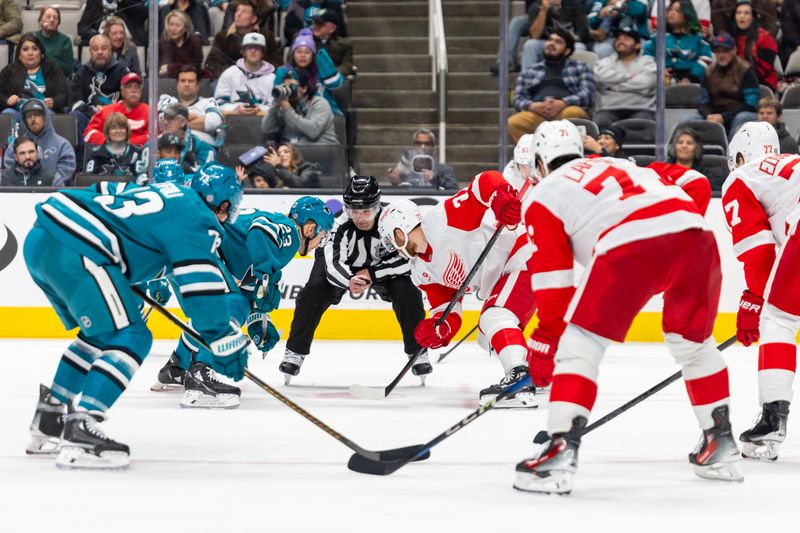 Nov 18, 2024; San Jose, California, USA; The Red Wings and Sharks face off during the third period at SAP Center at San Jose. Mandatory Credit: Bob Kupbens-Imagn Images