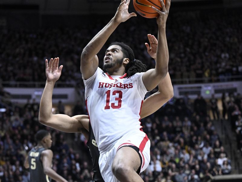 Jan 13, 2023; West Lafayette, Indiana, USA;  Nebraska Cornhuskers forward Derrick Walker (13) shoots the ball during the first half against the Purdue Boilermakers at Mackey Arena. Mandatory Credit: Marc Lebryk-USA TODAY Sports