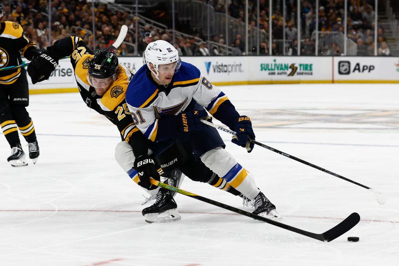 Nov 16, 2024; Boston, Massachusetts, USA; St. Louis Blues center Dylan Holloway (81) tries to get past Boston Bruins defenseman Brandon Carlo (25) during the second period at TD Garden. Mandatory Credit: Winslow Townson-Imagn Images