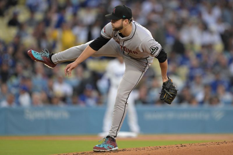 May 20, 2024; Los Angeles, California, USA;  Arizona Diamondbacks starting pitcher Slade Cecconi (43) delivers to the plate in the second inning against the Los Angeles Dodgers at Dodger Stadium. Mandatory Credit: Jayne Kamin-Oncea-USA TODAY Sports