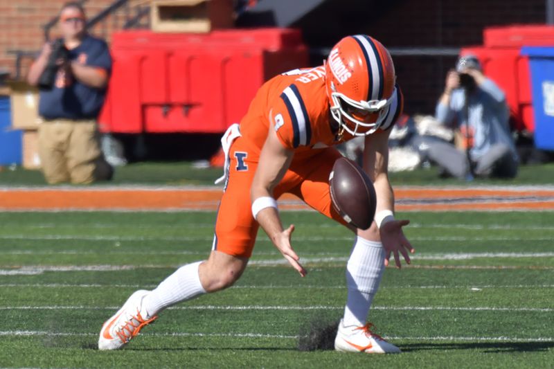 Nov 2, 2024; Champaign, Illinois, USA;  Illinois Fighting Illini quarterback Luke Altmyer (9) fumbles during the second half against the Minnesota Golden Gophers at Memorial Stadium. Mandatory Credit: Ron Johnson-Imagn Images