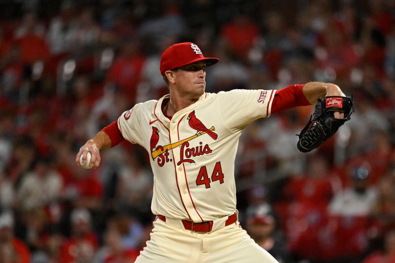 Jul 27, 2024; St. Louis, Missouri, USA; St. Louis Cardinals starting pitcher Kyle Gibson (44) throws against the Washington Nationals during the first inning at Busch Stadium. Mandatory Credit: Jeff Le-USA TODAY Sports