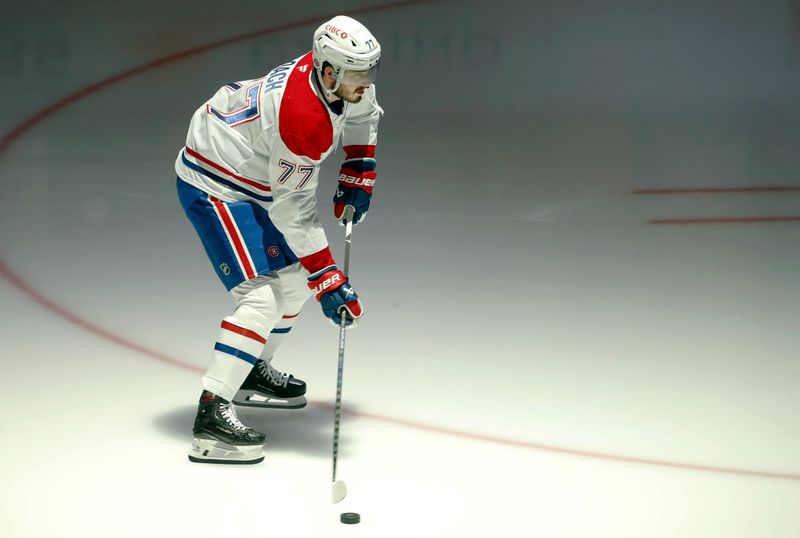 Nov 2, 2024; Pittsburgh, Pennsylvania, USA;  Montreal Canadiens center Kirby Dach (77) takes the ice to warm up against the Pittsburgh Penguins at PPG Paints Arena. Mandatory Credit: Charles LeClaire-Imagn Images