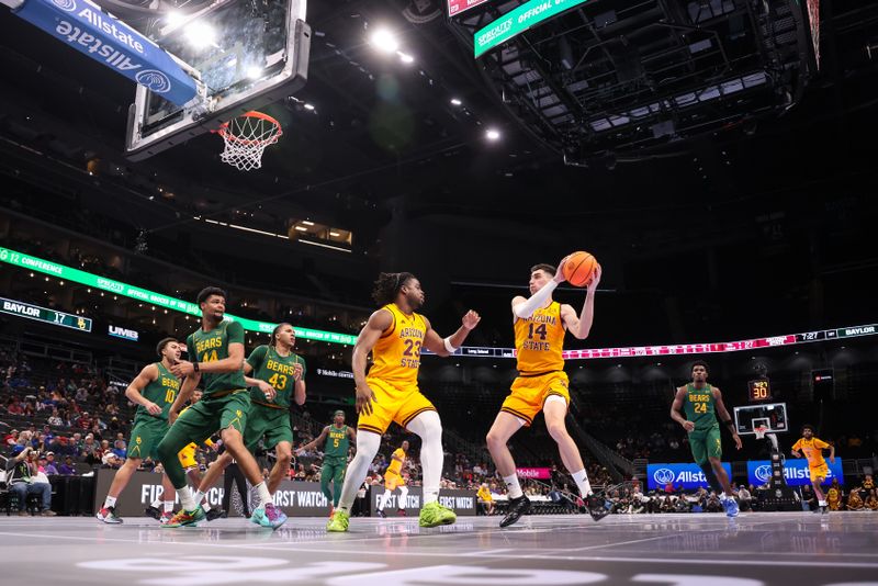 Mar 10, 2026; Kansas City, MO, USA; Arizona State Sun Devils forward Andrija Grbovic (14) protects the ball during the first half against the Baylor Bears at T-Mobile Center. Mandatory Credit: William Purnell-Imagn Images