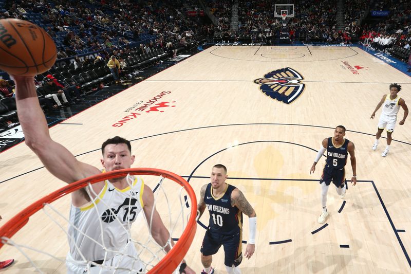 NEW ORLEANS, LA - JANUARY 17:  Drew Eubanks #15 of the Utah Jazz shoots the ball during the game against the New Orleans Pelicans on January 17, 2025 at the Smoothie King Center in New Orleans, Louisiana. NOTE TO USER: User expressly acknowledges and agrees that, by downloading and or using this Photograph, user is consenting to the terms and conditions of the Getty Images License Agreement. Mandatory Copyright Notice: Copyright 2025 NBAE (Photo by Layne Murdoch Jr./NBAE via Getty Images)