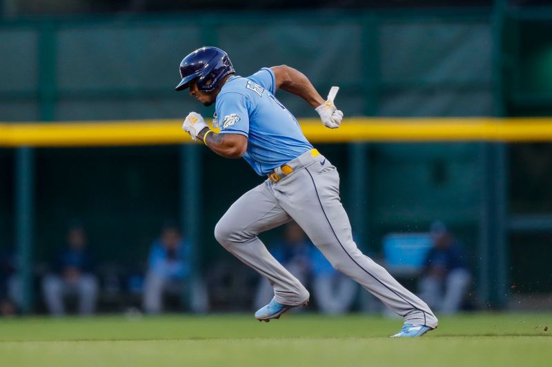 Apr 18, 2023; Cincinnati, Ohio, USA; Tampa Bay Rays shortstop Wander Franco (5) attempts to steal second in the fourth inning against the Cincinnati Reds at Great American Ball Park. Mandatory Credit: Katie Stratman-USA TODAY Sports