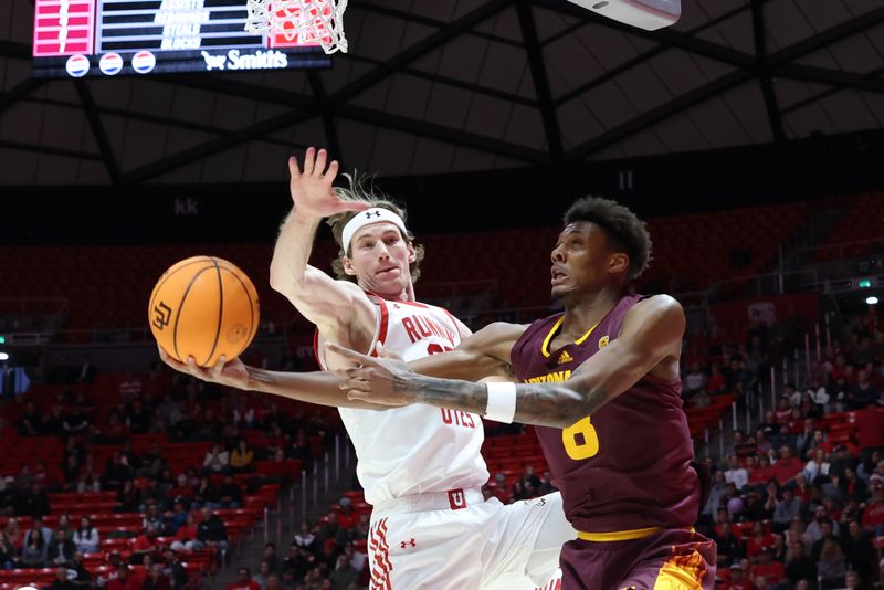 Feb 10, 2024; Salt Lake City, Utah, USA; Arizona State Sun Devils forward Alonzo Gaffney (8) drives to the basket against Utah Utes center Branden Carlson (35) during the first half at Jon M. Huntsman Center. Mandatory Credit: Rob Gray-USA TODAY Sports