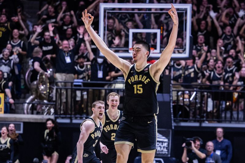 Feb 10, 2024; West Lafayette, Indiana, USA; Purdue Boilermakers center Zach Edey (15) celebrates a made basket in the second half against the Indiana Hoosiers at Mackey Arena. Mandatory Credit: Trevor Ruszkowski-USA TODAY Sports