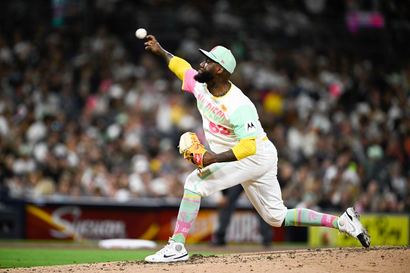 Jun 7, 2024; San Diego, California, USA; San Diego Padres relief pitcher Enyel De Los Santos (62) pitches during the sixth inning against the Arizona Diamondbacks at Petco Park. Mandatory Credit: Denis Poroy-USA TODAY Sports at Petco Park. 