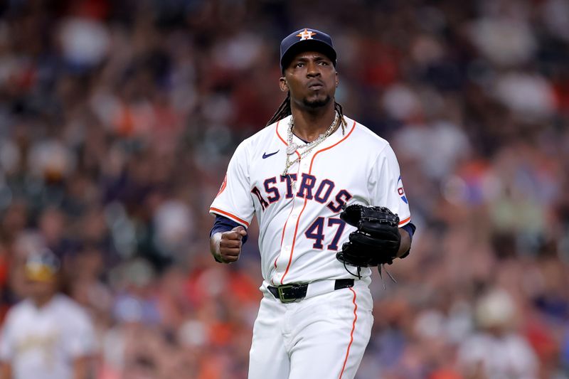 May 14, 2024; Houston, Texas, USA; Houston Astros relief pitcher Rafael Montero (47) reacts after retiring the side against the Oakland Athletics during the sixth inning at Minute Maid Park. Mandatory Credit: Erik Williams-USA TODAY Sports
