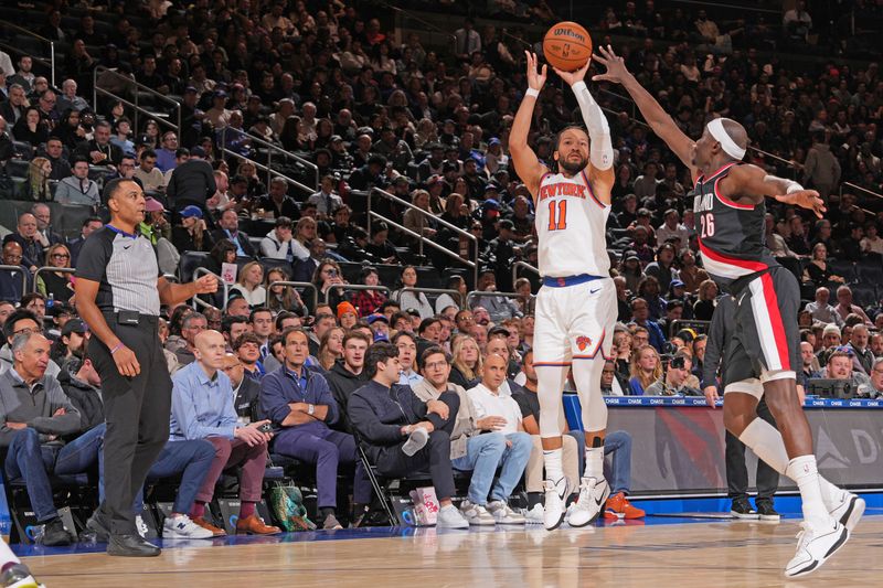 NEW YORK, NY - JANUARY 9: Jalen Brunson #11 of the New York Knicks shoots the ball during the game against the Portland Trail Blazers on January 9, 2024 at Madison Square Garden in New York City, New York.  NOTE TO USER: User expressly acknowledges and agrees that, by downloading and or using this photograph, User is consenting to the terms and conditions of the Getty Images License Agreement. Mandatory Copyright Notice: Copyright 2024 NBAE  (Photo by Jesse D. Garrabrant/NBAE via Getty Images)