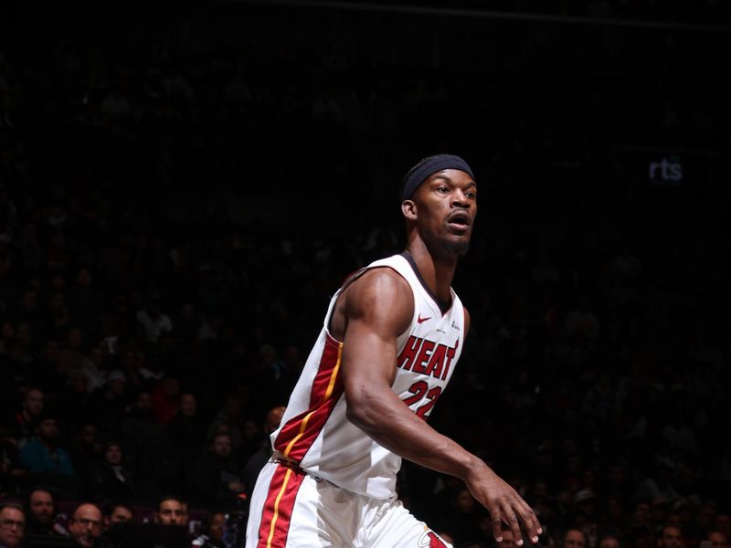 BROOKLYN, NY - JANUARY 15: Jimmy Butler #22 of the Miami Heat looks on during the game against the Brooklyn Nets on January 15, 2024 at Barclays Center in Brooklyn, New York. NOTE TO USER: User expressly acknowledges and agrees that, by downloading and or using this Photograph, user is consenting to the terms and conditions of the Getty Images License Agreement. Mandatory Copyright Notice: Copyright 2024 NBAE (Photo by Nathaniel S. Butler/NBAE via Getty Images)