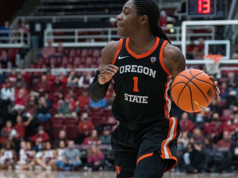 Jan 27, 2023; Stanford, California, USA; Oregon State Beavers guard Bendu Yeaney (1) dribbles the basketball during the fourth quarter against the Stanford Cardinal at Maples Pavilion. Mandatory Credit: Neville E. Guard-USA TODAY Sports