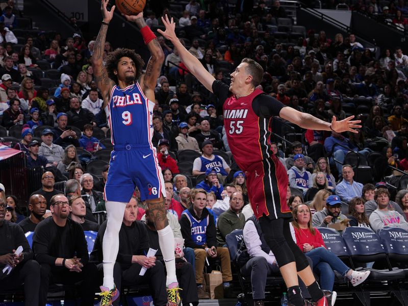 PHILADELPHIA, PA - FEBRUARY 14: Kelly Oubre Jr. #9 of the Philadelphia 76ers shoots a three point basket during the game against the Miami Heat on February 14, 2024 at the Wells Fargo Center in Philadelphia, Pennsylvania NOTE TO USER: User expressly acknowledges and agrees that, by downloading and/or using this Photograph, user is consenting to the terms and conditions of the Getty Images License Agreement. Mandatory Copyright Notice: Copyright 2024 NBAE (Photo by Jesse D. Garrabrant/NBAE via Getty Images)