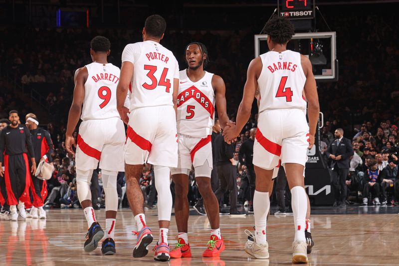 NEW YORK, NY - JANUARY 20: RJ Barrett #9, Jontay Porter #34, Immanuel Quickley #5, and Scottie Barnes #4 of the Toronto Raptors celebrate during the game against the New York Knicks on January 20, 2024 at Madison Square Garden in New York City, New York.  NOTE TO USER: User expressly acknowledges and agrees that, by downloading and or using this photograph, User is consenting to the terms and conditions of the Getty Images License Agreement. Mandatory Copyright Notice: Copyright 2024 NBAE  (Photo by Nathaniel S. Butler/NBAE via Getty Images)