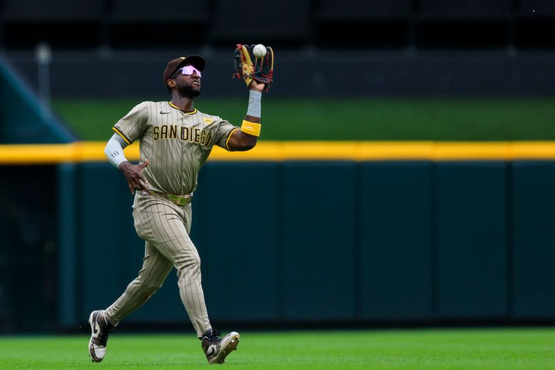 May 23, 2024; Cincinnati, Ohio, USA; San Diego Padres outfielder Jurickson Profar (10) catches a pop up hit by Cincinnati Reds designated hitter Mike Ford (not pictured) in the tenth inning at Great American Ball Park. Mandatory Credit: Katie Stratman-USA TODAY Sports