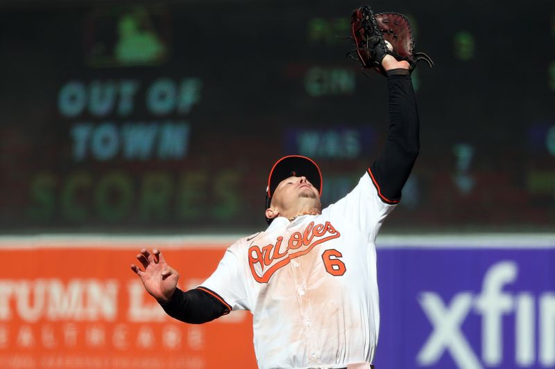 Apr 13, 2025; Baltimore, Maryland, USA; Baltimore Orioles first base Ryan Mountcastle (6) makes a catch for an out during the seventh inning against the Toronto Blue Jays at Oriole Park at Camden Yards. Mandatory Credit: Daniel Kucin Jr.-Imagn Images