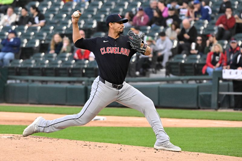 May 10, 2024; Chicago, Illinois, USA;  Cleveland Guardians pitcher Carlos Carrasco (59) delivers the ball during the first inning against the Chicago White Sox at Guaranteed Rate Field. Mandatory Credit: Matt Marton-USA TODAY Sports