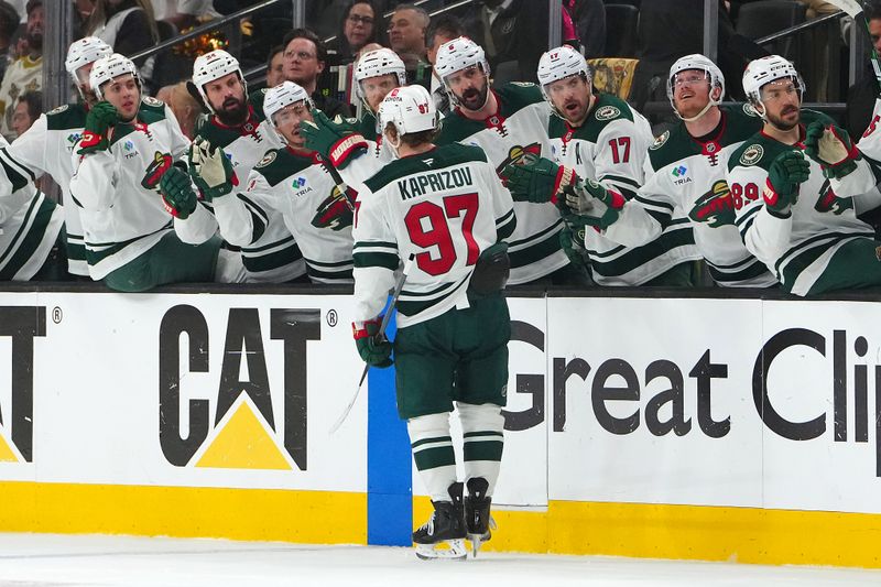 Apr 29, 2025; Las Vegas, Nevada, USA; Minnesota Wild left wing Kirill Kaprizov (97) celebrates after scoring a goal against the Vegas Golden Knights during the first period of game five of the first round of the 2025 Stanley Cup Playoffs at T-Mobile Arena. Mandatory Credit: Stephen R. Sylvanie-Imagn Images