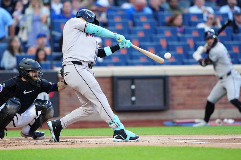 May 31, 2024; New York City, New York, USA; Arizona Diamondbacks designated hitter Joc Pederson (3) hits an RBI single against the New York Mets during the first inning at Citi Field. Mandatory Credit: Gregory Fisher-USA TODAY Sports