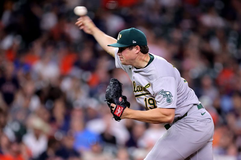 May 14, 2024; Houston, Texas, USA; Oakland Athletics pitcher Mason Miller (19) delivers a pitch against the Houston Astros during the ninth inning at Minute Maid Park. Mandatory Credit: Erik Williams-USA TODAY Sports