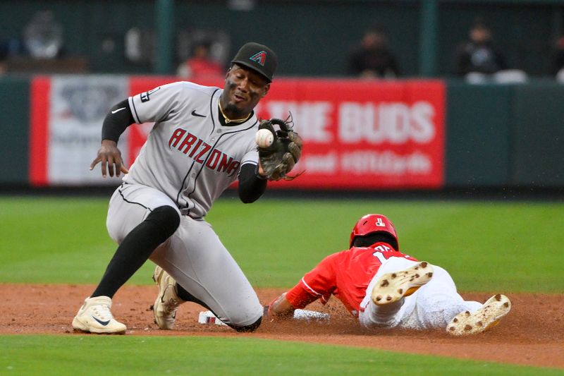 May 23, 2025; St. Louis, Missouri, USA;  Arizona Diamondbacks shortstop Geraldo Perdomo (2) receives the trow as St. Louis Cardinals center fielder Victor Scott II (11) steals second base during the third inning at Busch Stadium. Mandatory Credit: Jeff Curry-Imagn Images