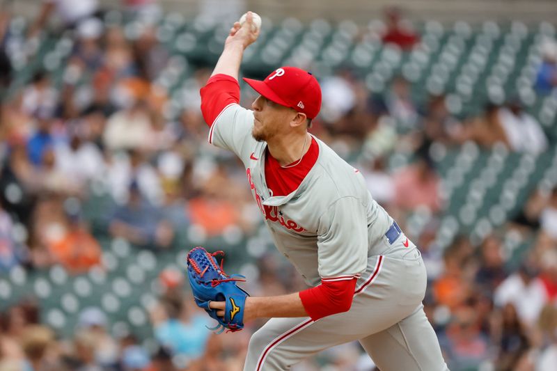 Jun 26, 2024; Detroit, Michigan, USA;  Philadelphia Phillies relief pitcher Jeff Hoffman (23) throws against the Detroit Tigers in the eighth inning at Comerica Park. Mandatory Credit: Rick Osentoski-USA TODAY Sports