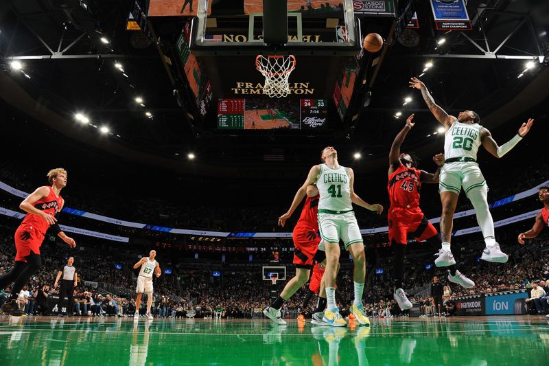 BOSTON, MA - OCTOBER 13: JD Davison #20 of the Boston Celtics shoots the ball during the game against the Toronto Raptors during a NBA pre season game on October 13, 2024 at TD Garden in Boston, Massachusetts. NOTE TO USER: User expressly acknowledges and agrees that, by downloading and/or using this Photograph, user is consenting to the terms and conditions of the Getty Images License Agreement. Mandatory Copyright Notice: Copyright 2024 NBAE (Photo by Brian Babineau/NBAE via Getty Images)