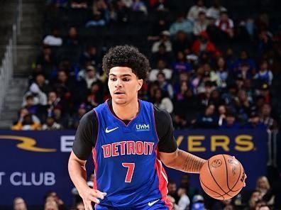 DETROIT, MI - NOVEMBER 27: Killian Hayes #7 of the Detroit Pistons handles the ball during the game  on November 27, 2023 at Little Caesars Arena in Detroit, Michigan. NOTE TO USER: User expressly acknowledges and agrees that, by downloading and/or using this photograph, User is consenting to the terms and conditions of the Getty Images License Agreement. Mandatory Copyright Notice: Copyright 2023 NBAE (Photo by Chris Schwegler/NBAE via Getty Images)