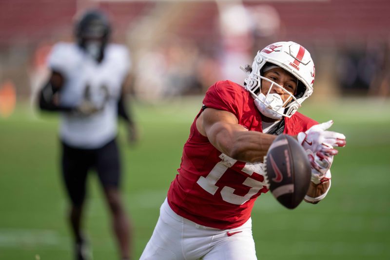 Oct 26, 2024; Stanford, California, USA;  Stanford Cardinal wide receiver Elic Ayomanor (13) cannot catch a pass near the end zone against the Wake Forest Demon Deacons during the fourth quarter at Stanford Stadium. Mandatory Credit: Neville E. Guard-Imagn Images