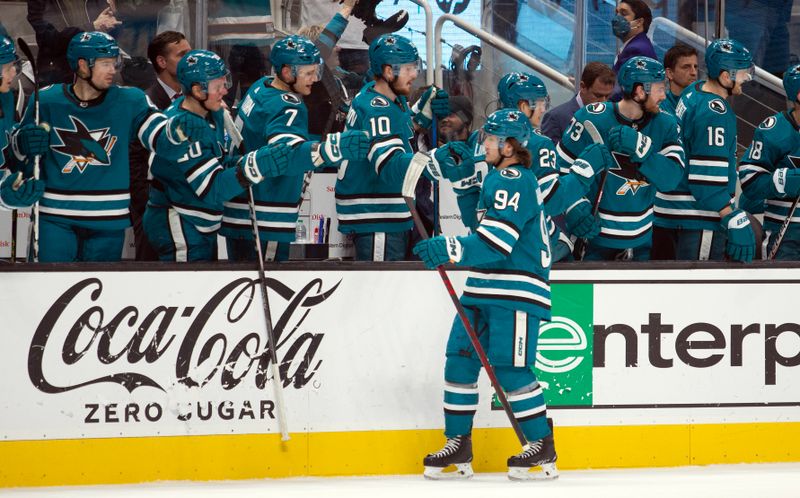 Mar 14, 2023; San Jose, California, USA; San Jose Sharks left winger Alexander Barabanov (94) celebrates his goal against the Columbus Blue Jackets during the first period at SAP Center at San Jose. Mandatory Credit: D. Ross Cameron-USA TODAY Sports