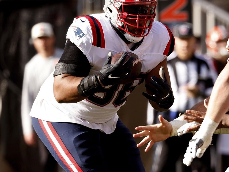 New England Patriots defensive tackle Carl Davis Jr. (98) recovers a fumble during an NFL football game against the Cleveland Browns, Sunday, Oct. 16, 2022, in Cleveland. (AP Photo/Kirk Irwin)