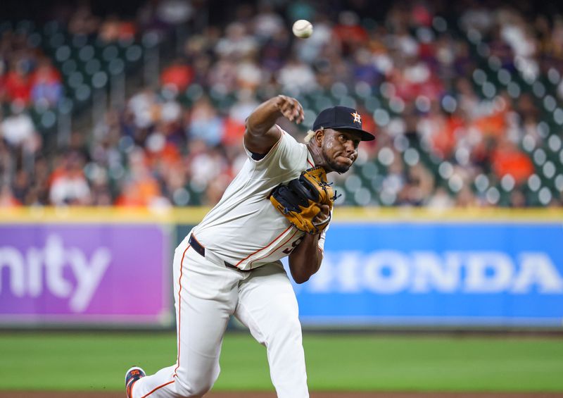 Jun 5, 2024; Houston, Texas, USA; Houston Astros starting pitcher Ronel Blanco (56) delivers a pitch during the second inning against the St. Louis Cardinals at Minute Maid Park. Mandatory Credit: Troy Taormina-USA TODAY Sports