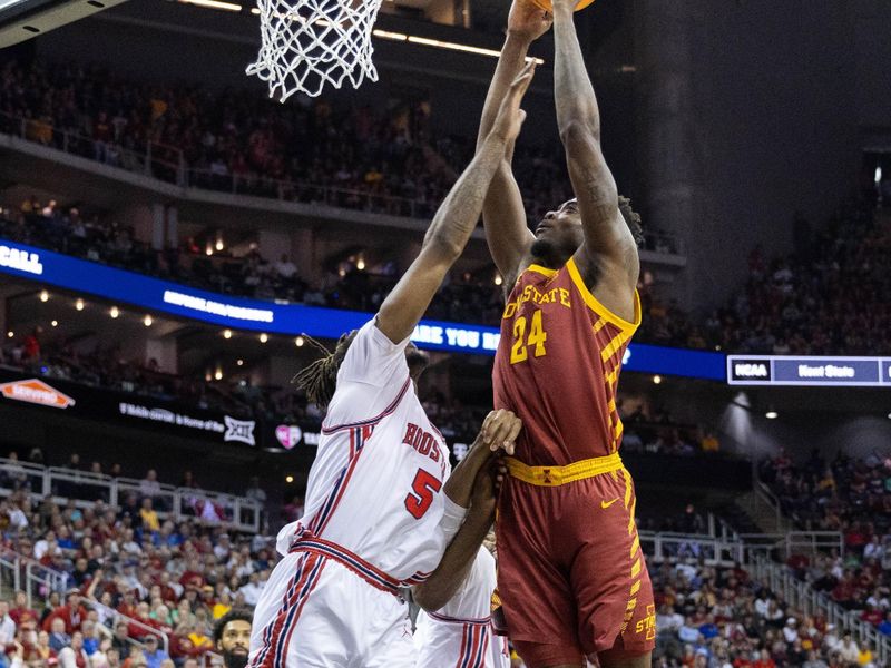 Mar 16, 2024; Kansas City, MO, USA; Iowa State Cyclones forward Hason Ward (24) shoots the ball over [Houston Cougars forward Ja'Vier Francis (5) during the second half at T-Mobile Center. Mandatory Credit: William Purnell-USA TODAY Sports