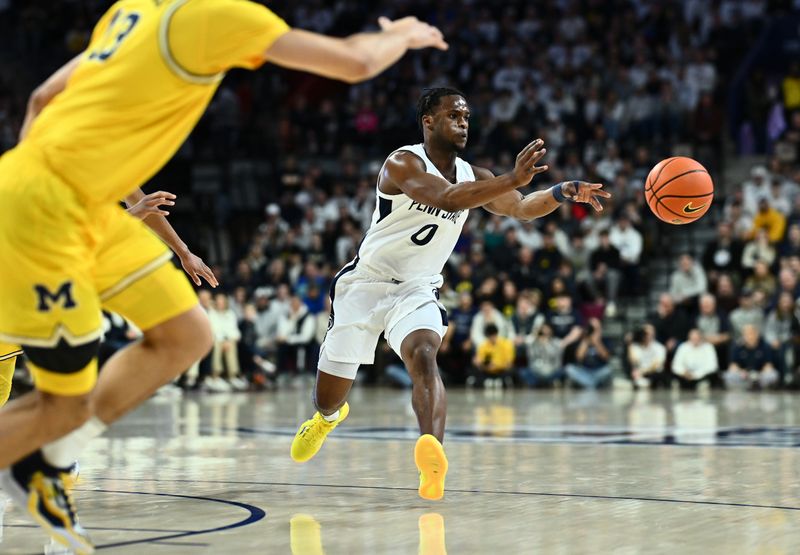 Jan 7, 2024; Philadelphia, Pennsylvania, USA; Penn State Nittany Lions guard Kanye Clary (0) passes the ball against the Michigan Wolverines in the first half at The Palestra. Mandatory Credit: Kyle Ross-USA TODAY Sports