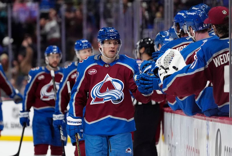 Jan 14, 2025; Denver, Colorado, USA; Colorado Avalanche left wing Artturi Lehkonen (62) celebrates the game tying goal in the third period against the New York Rangers at Ball Arena. Mandatory Credit: Ron Chenoy-Imagn Images