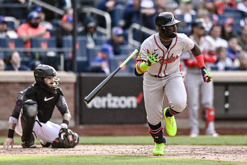 May 11, 2024; New York City, New York, USA; Atlanta Braves outfielder Michael Harris II (23) hits an RBI single against the New York Mets during the fourth inning at Citi Field. Mandatory Credit: John Jones-USA TODAY Sports