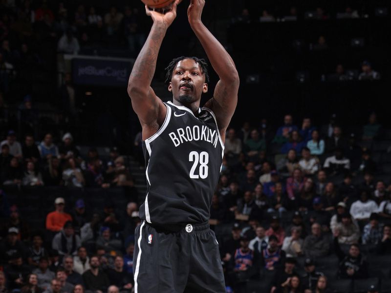 BROOKLYN, NY - JANUARY 23: Dorian Finney-Smith #28 of the Brooklyn Nets three point basket during the game against the New York Knicks on January 23, 2024 at Barclays Center in Brooklyn, New York. NOTE TO USER: User expressly acknowledges and agrees that, by downloading and or using this Photograph, user is consenting to the terms and conditions of the Getty Images License Agreement. Mandatory Copyright Notice: Copyright 2024 NBAE (Photo by Nathaniel S. Butler/NBAE via Getty Images)