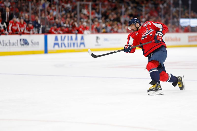 Nov 8, 2024; Washington, District of Columbia, USA; Washington Capitals left wing Alex Ovechkin (8) shoots the puck against the Pittsburgh Penguins in the third period at Capital One Arena. Mandatory Credit: Geoff Burke-Imagn Images