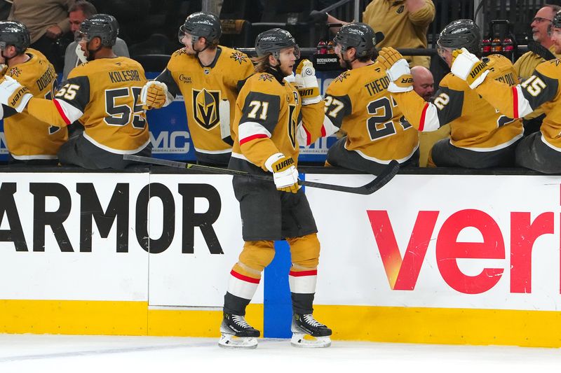 Apr 29, 2025; Las Vegas, Nevada, USA; Vegas Golden Knights center William Karlsson (71) celebrates after scoring a goal against the Minnesota Wild during the first period of game five of the first round of the 2025 Stanley Cup Playoffs at T-Mobile Arena. Mandatory Credit: Stephen R. Sylvanie-Imagn Images
