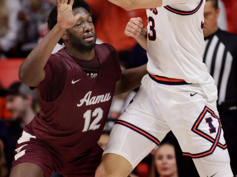 Dec 17, 2022; Champaign, Illinois, USA;  Illinois Fighting Illini forward Coleman Hawkins (33) passes the ball against Alabama A&M Bulldogs guard Brandon Powell (12) during the second half at State Farm Center. Mandatory Credit: Ron Johnson-USA TODAY Sports