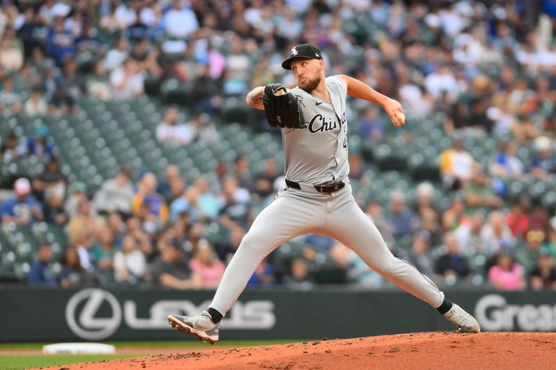 Jun 13, 2024; Seattle, Washington, USA; Chicago White Sox starting pitcher Garrett Crochet (45) pitches to the Seattle Mariners during the second inning at T-Mobile Park. Mandatory Credit: Steven Bisig-USA TODAY Sports