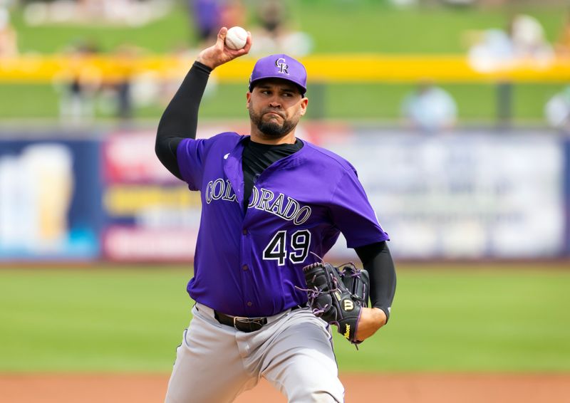 Mar 5, 2025; Peoria, Arizona, USA; Colorado Rockies pitcher Antonio Senzatela against the San Diego Padres during a spring training game at Peoria Sports Complex. Mandatory Credit: Mark J. Rebilas-Imagn Images