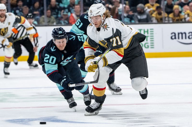 Nov 8, 2024; Seattle, Washington, USA;  Vegas Golden Knights forward William Karlsson (71) skates against Seattle Kraken forward Eeli Tolvanen (20) during the third period at Climate Pledge Arena. Mandatory Credit: Stephen Brashear-Imagn Images