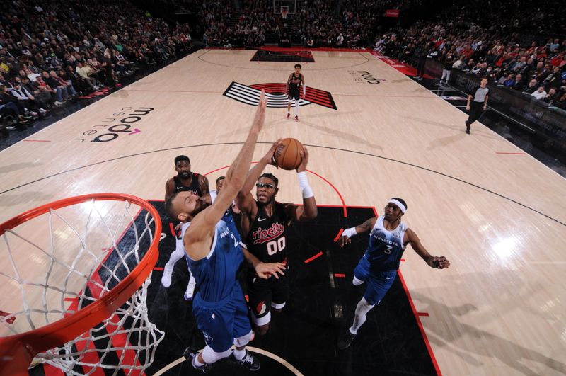 PORTLAND, OR - FEBRUARY 15: Scoot Henderson #00 of the Portland Trail Blazers shoots the ball during the game against the Minnesota Timberwolves on February 15, 2024 at the Moda Center Arena in Portland, Oregon. NOTE TO USER: User expressly acknowledges and agrees that, by downloading and or using this photograph, user is consenting to the terms and conditions of the Getty Images License Agreement. Mandatory Copyright Notice: Copyright 2024 NBAE (Photo by Cameron Browne/NBAE via Getty Images)