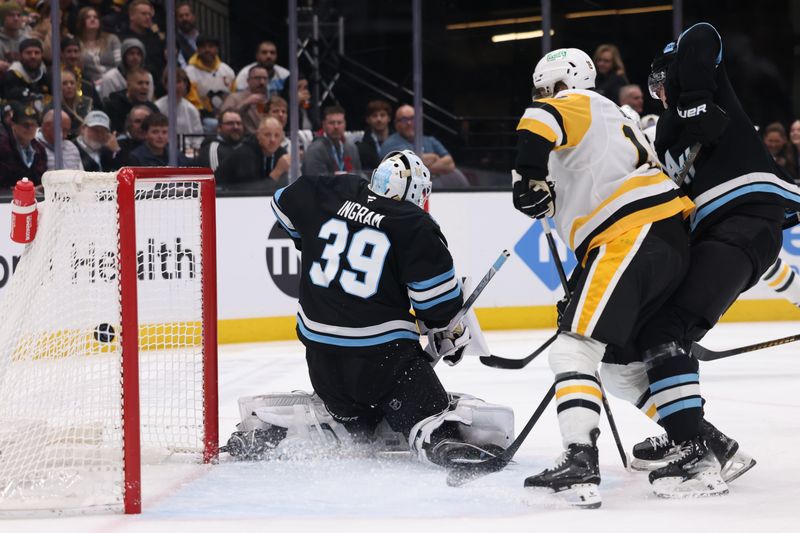 Jan 29, 2025; Salt Lake City, Utah, USA;  Pittsburgh Penguins center Cody Glass watches a goal against Utah Hockey Club goaltender Connor Ingram (39) during the third period at Delta Center. Mandatory Credit: Rob Gray-Imagn Images