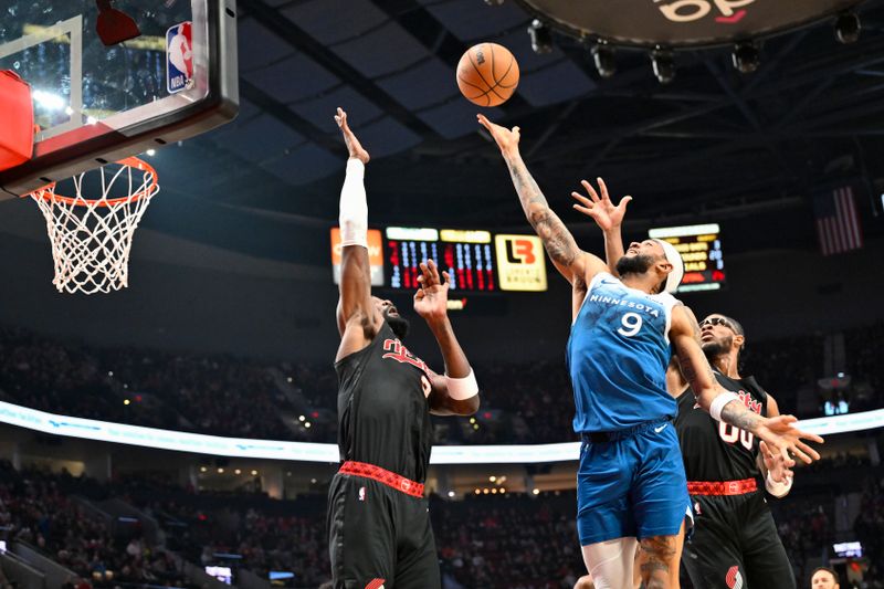 PORTLAND, OREGON - FEBRUARY 15: Nickeil Alexander-Walker #9 of the Minnesota Timberwolves shoots the ball during the second quarter of the game against the Portland Trail Blazers at the Moda Center on February 15, 2024 in Portland, Oregon. NOTE TO USER: User expressly acknowledges and agrees that, by downloading and or using this photograph, User is consenting to the terms and conditions of the Getty Images License Agreement. (Photo by Alika Jenner/Getty Images)